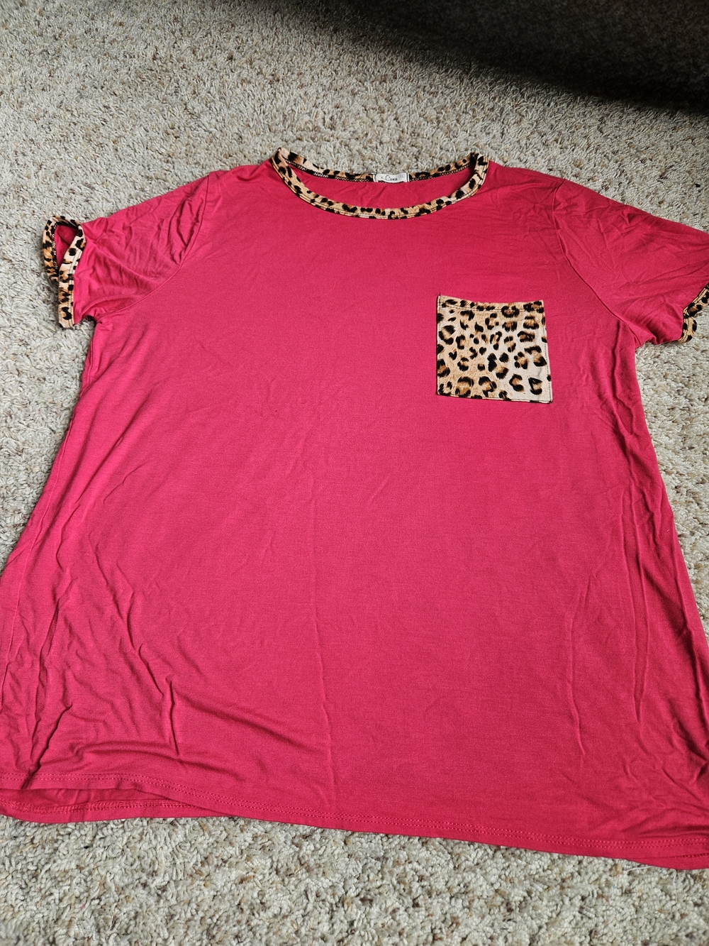 Hot Pink Short Sleeve Tee with Leopard Trim and Pocket